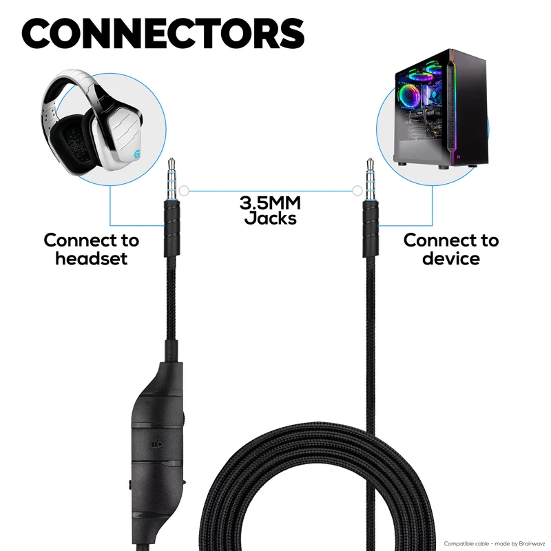Kapalit na Audio Cable na Compatible sa Logitech G633, G635, G933, G935 – Inline Mic/Remote na may Mute at Volume Control – Nylon Braided Gaming Headset Cord