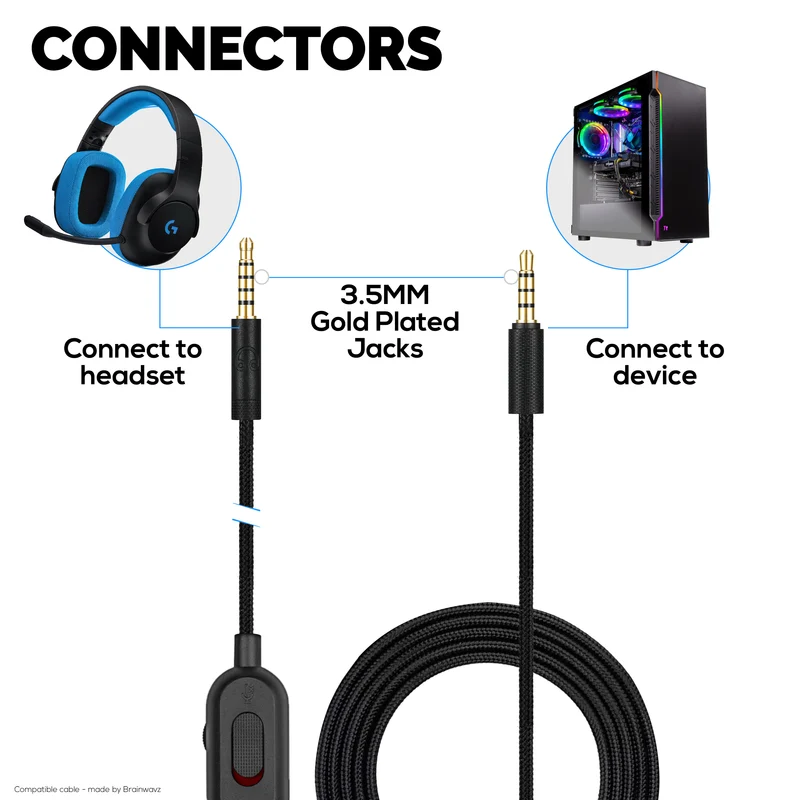 Kapalit na Audio Cable na Compatible sa Logitech G Pro, G Pro X, G433, G233 – Inline Remote na may Mute at Volume Control