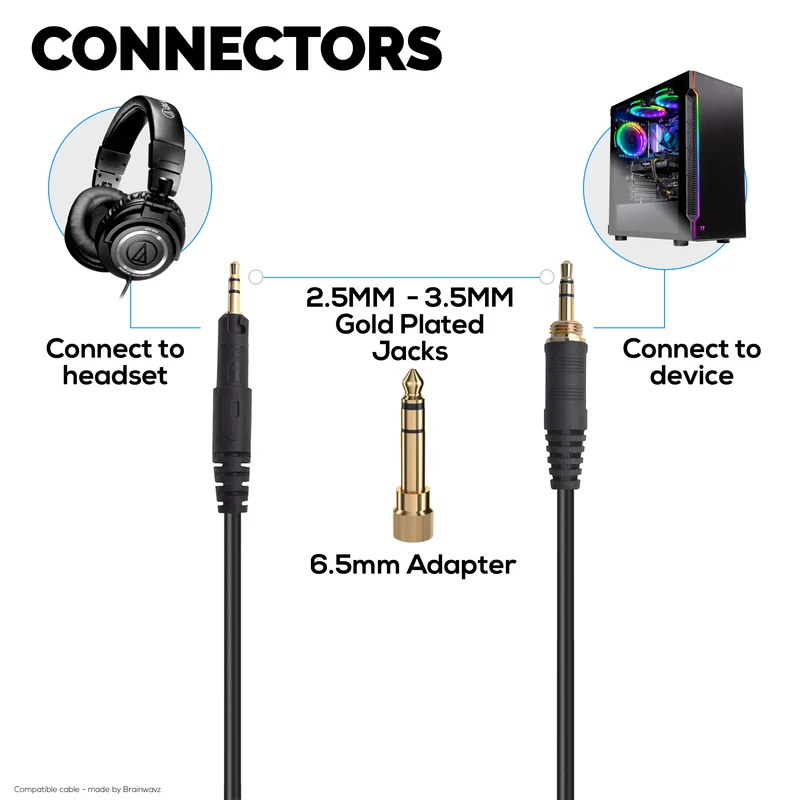 Coiled Replacement Audio Cable Compatible sa Audio-Technica ATH-M50x, M40x, M70x, M60x – 2.5mm hanggang 3.5mm Gold-Plated Jack na may 6.5mm Adapter