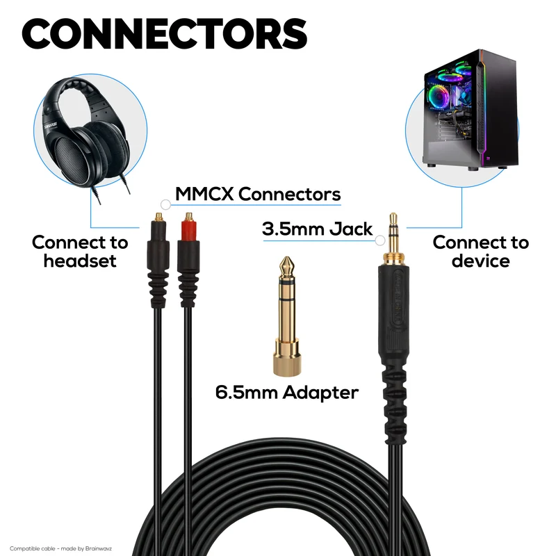 Kapalit na Audio Cable Compatible sa Shure SRH1440, SRH1540, SRH1840 Headsets – MMCX hanggang 3.5mm Gold-Plated Connectors na may 6.5mm Adapter