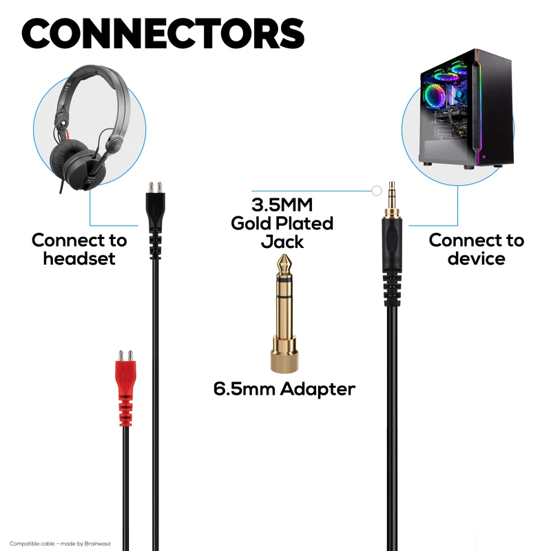 Cavo audio sostitutivo a spirale compatibile con le cuffie Sennheiser HD25, HD560, HD540, HD480, HD430, HD414 e HD250 - Jack placcati in oro da 3.5 mm