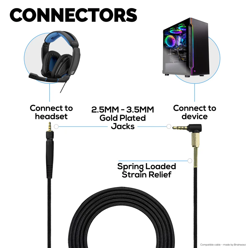 Kapalit na Audio Cable na Compatible sa Sennheiser GSP300, GSP350, GSP600 – Braided Nylon Cord, 3.5mm Right-Angle at 2.5mm Gold Plated Jacks