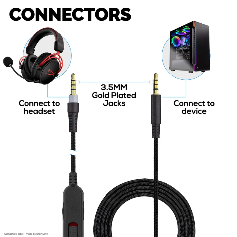 Cavo audio sostitutivo compatibile con le cuffie Kingston HyperX Cloud Mix e Cloud Alpha – Telecomando in linea con controllo del volume e disattivazione dell'audio – Cavo intrecciato in nylon con connettori placcati in oro