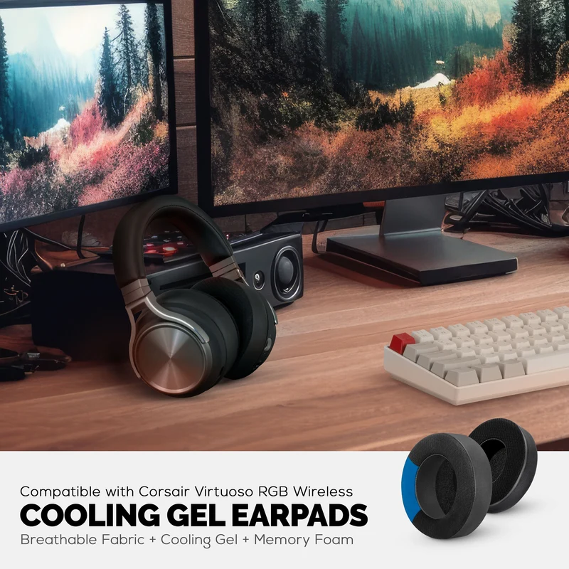 Cuscinetti auricolari ibridi per cuffie da gioco Corsair Virtuoso RGB (Wireless/XT/SE) - Gel di raffreddamento, memory foam, resistenti, spessi e con isolamento acustico