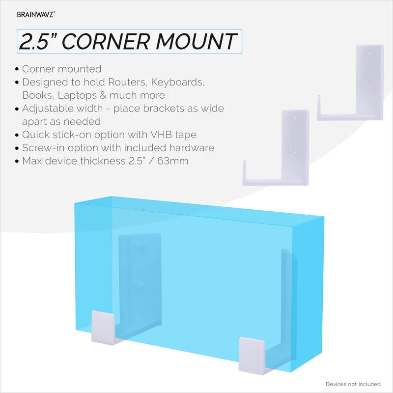 Portacavi angolare da 2.5" e supporto per montaggio a parete del router, adesivo e avvitabile, per switch di rete, modem, Wi-Fi Mesh, Apple TV, fotocamere, altoparlanti e altro, dispositivi fino a 2.5"/63 mm di spessore
