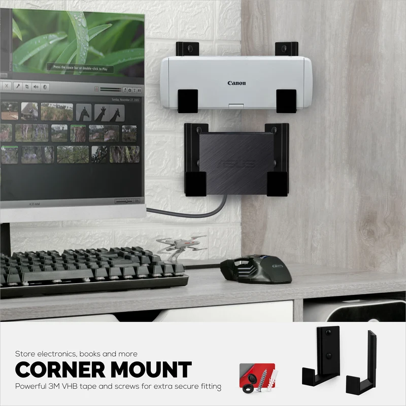Portacavi angolare da 2.5" e supporto per montaggio a parete del router, adesivo e avvitabile, per switch di rete, modem, Wi-Fi Mesh, Apple TV, fotocamere, altoparlanti e altro, dispositivi fino a 2.5"/63 mm di spessore