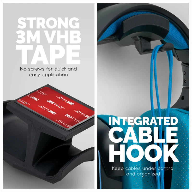Ultra-J: Under Desk Headphone Hanger Holder na may Cable Hook