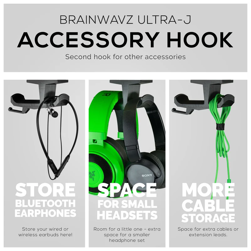 Ultra-J: Under Desk Headphone Hanger Holder na may Cable Hook