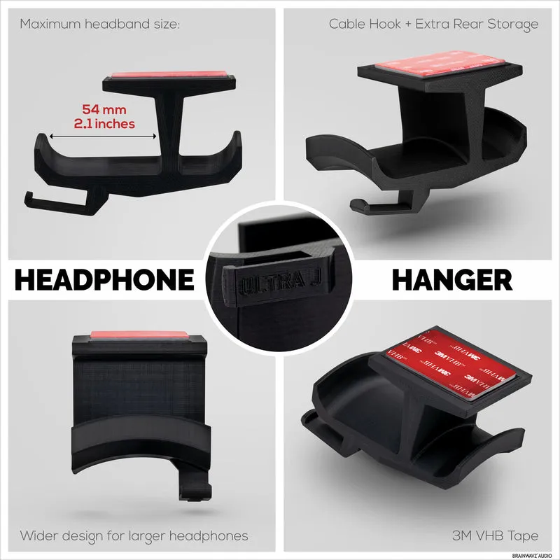 Ultra-J: Under Desk Headphone Hanger Holder na may Cable Hook