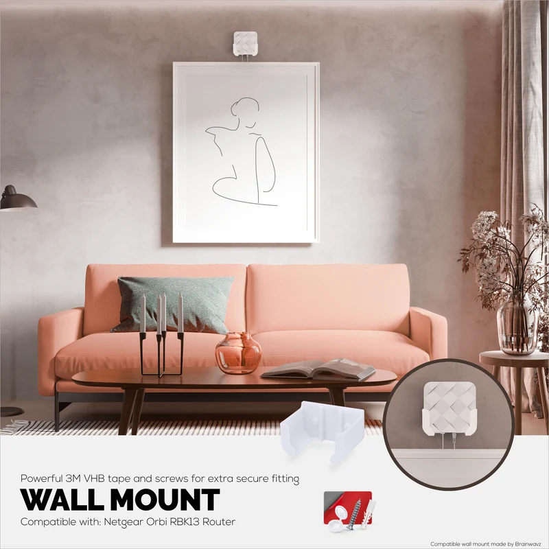 Adhesive Wall Mount Para sa Netgear Orbi RBK13 Router, Malakas na VHB Adhesive, Madaling I-install, Bawasan ang Interference at Palakihin ang Saklaw, Dumikit at Screw-in Mounting