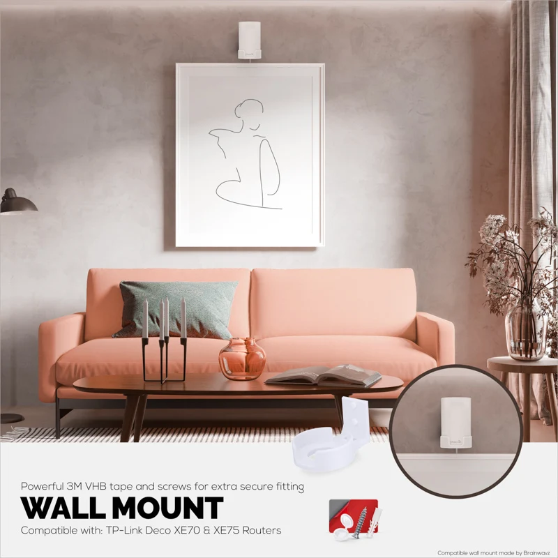 Screwless Wall Mount para sa TP-Link Deco X68, XE70, XE75, XE75 PRO, AXE5300 & AXE5400, Madaling I-install, Walang Gugulo, Bawasan ang Interference at Palakihin ang Saklaw, Dumikit Sa Adhesive Bracket, Puti Ni Brainwavz