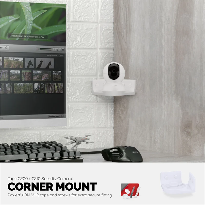 Corner Wall Mount para sa Tapo Pan/Tilt C200/C210 Pet & Baby Indoor Camera, Security Camera Holder Bracket, Bawasan ang Blind Spots at Clutter, Adhesive at Screw-In Mounting