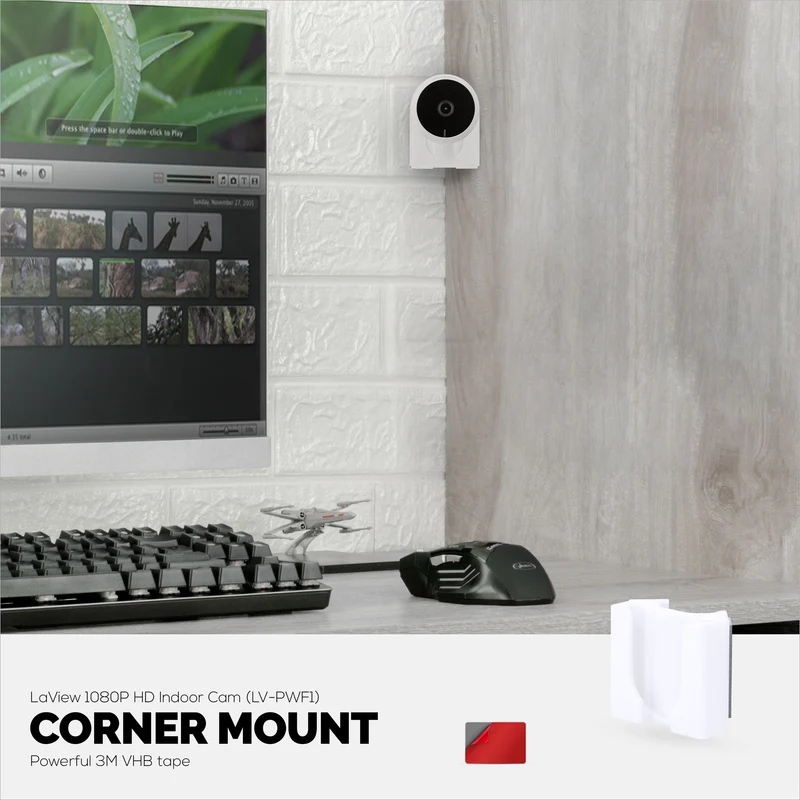 Supporto da parete ad angolo per telecamera per interni LaView LV-PWF1 1080P HD, staffa adesiva per supporto telecamera di sicurezza, riduzione di punti ciechi e disordine, adesivo e avvitabile