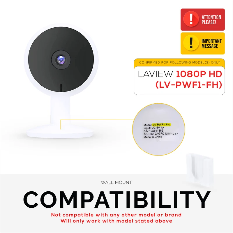 Wall Mount para sa LaView LV-PWF1 1080P HD Indoor Camera, Adhesive Security Cam Holder Bracket, Bawasan ang Blind Spots at Clutter, Adhesive at Screw-In Mounting