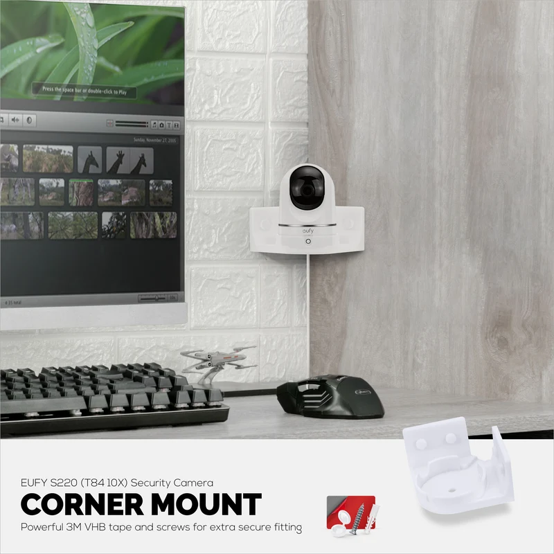 Corner Wall Mount para sa Eufy E220 / S220 (T8410X), 3M VHB Adhesive Security Camera Holder Bracket, Bawasan ang Blind Spots at Kalat, Adhesive at Screw-In Mounting - Madaling I-install (Puti)
