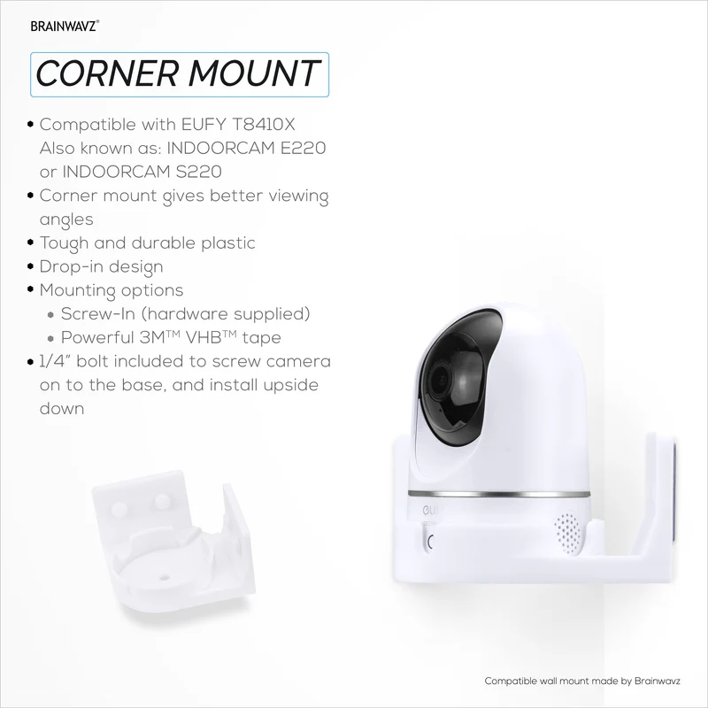 Corner Wall Mount para sa Eufy E220 / S220 (T8410X), 3M VHB Adhesive Security Camera Holder Bracket, Bawasan ang Blind Spots at Kalat, Adhesive at Screw-In Mounting - Madaling I-install (Puti)