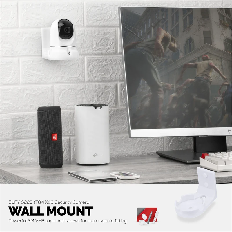 Screwless Wall Mount Para sa Eufy T8400X (IndoorCam E220 / S220) Camera, Malakas na VHB Adhesive, Madaling I-install ang Holder, Walang Gugulo, Bawasan ang Blind Spots at Mas Mahusay na Pagtingin, Bracket Holder Shelf