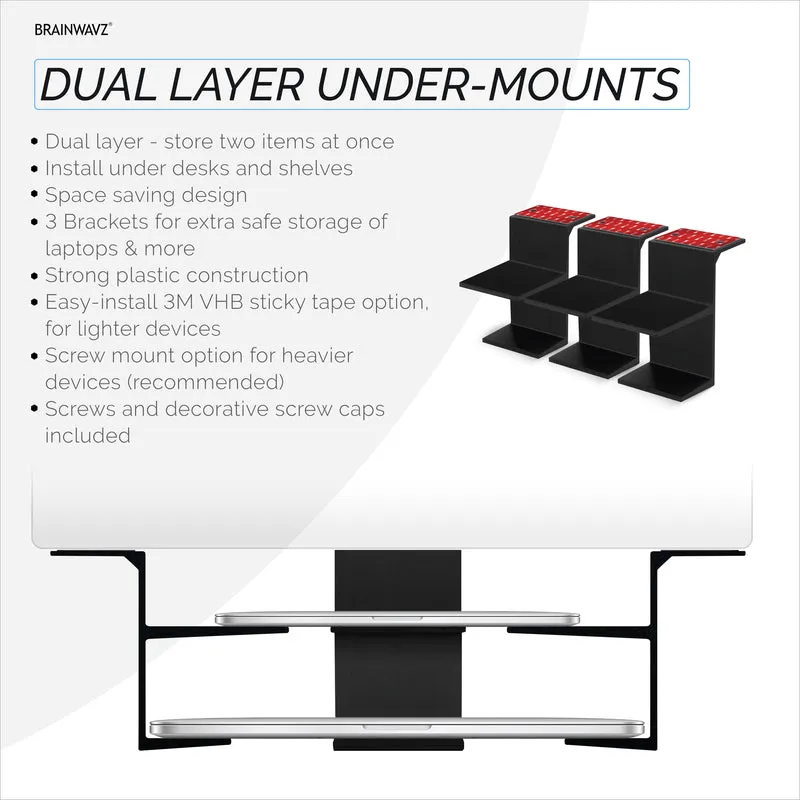 Dual Under Desk Holder Mount Para sa Mga Laptop at Device na hanggang 3" Makapal Tulad ng Mga Router Cable Box Maliit na Computer Macbook Surface Keyboard Modem Network Switch at Higit pa