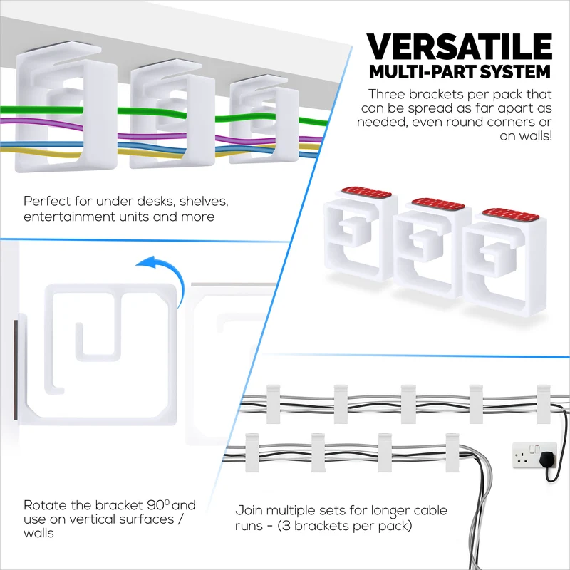 3pc VHB Cable Organizer Holder, Para sa Mabibigat na Cable, Mga PC Cord at Wire na may Malakas na Pandikit, Under Desk Mount Management System - XL