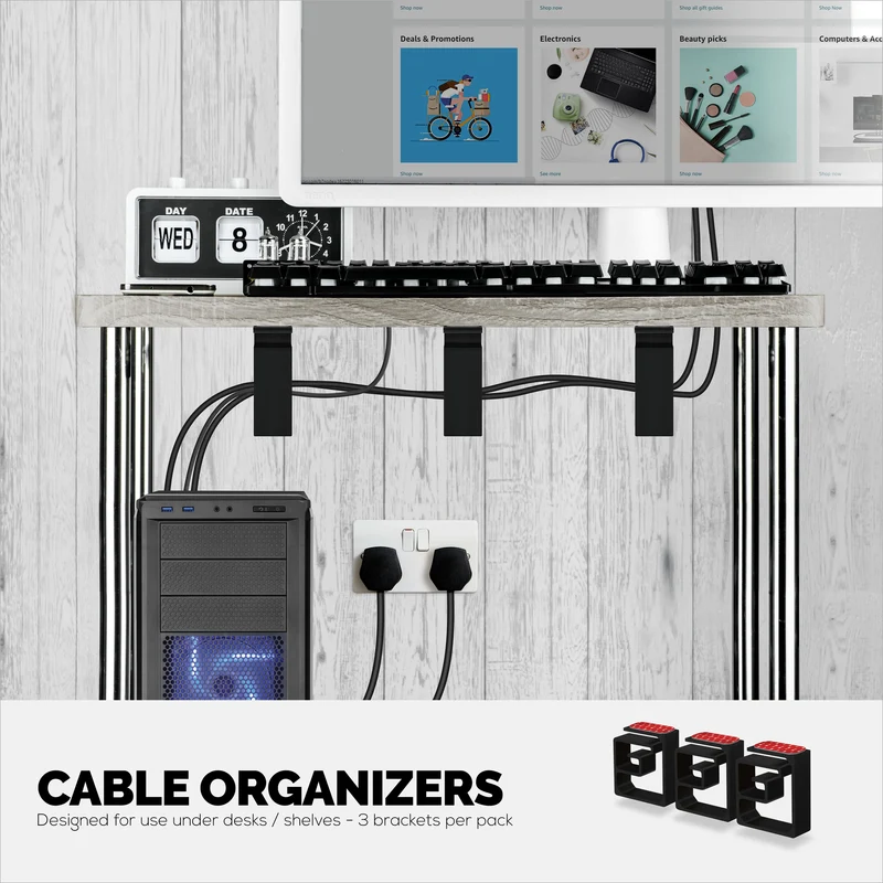 3pc VHB Cable Organizer Holder, Para sa Mabibigat na Cable, Mga PC Cord at Wire na may Malakas na Pandikit, Under Desk Mount Management System - XL