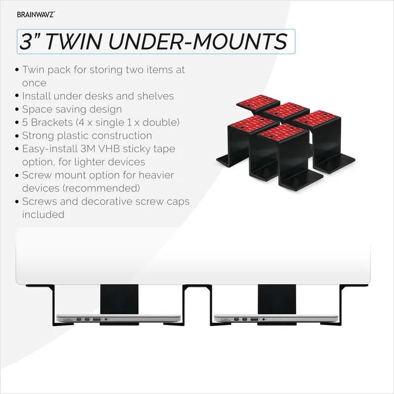 Twin Under Desk Laptop & Device Holder Mount, Adhesive at Screw In, Mga Device na hanggang 3" Tulad ng Maliit na Computer Mga Laptop Macbook Surface Keyboard Router Modem Cable Box Network Switch at Higit pa