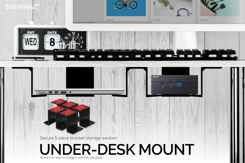 Twin Under Desk Laptop & Device Holder Mount, Adhesive at Screw In, Mga Device na hanggang 3" Tulad ng Maliit na Computer Mga Laptop Macbook Surface Keyboard Router Modem Cable Box Network Switch at Higit pa