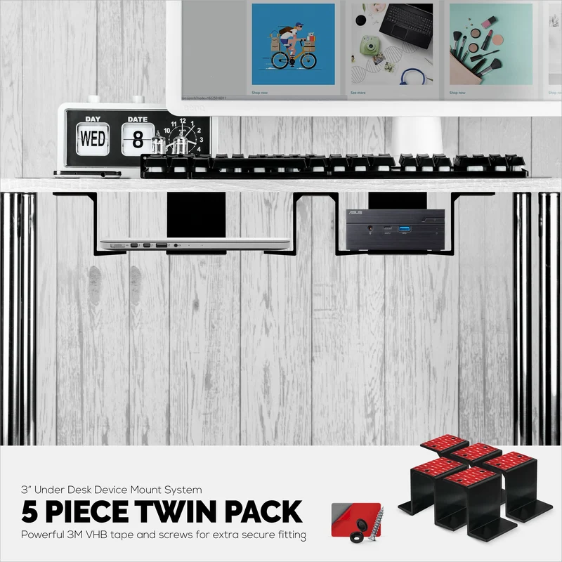 Twin Under Desk Laptop & Device Holder Mount, Adhesive at Screw In, Mga Device na hanggang 3" Tulad ng Maliit na Computer Mga Laptop Macbook Surface Keyboard Router Modem Cable Box Network Switch at Higit pa