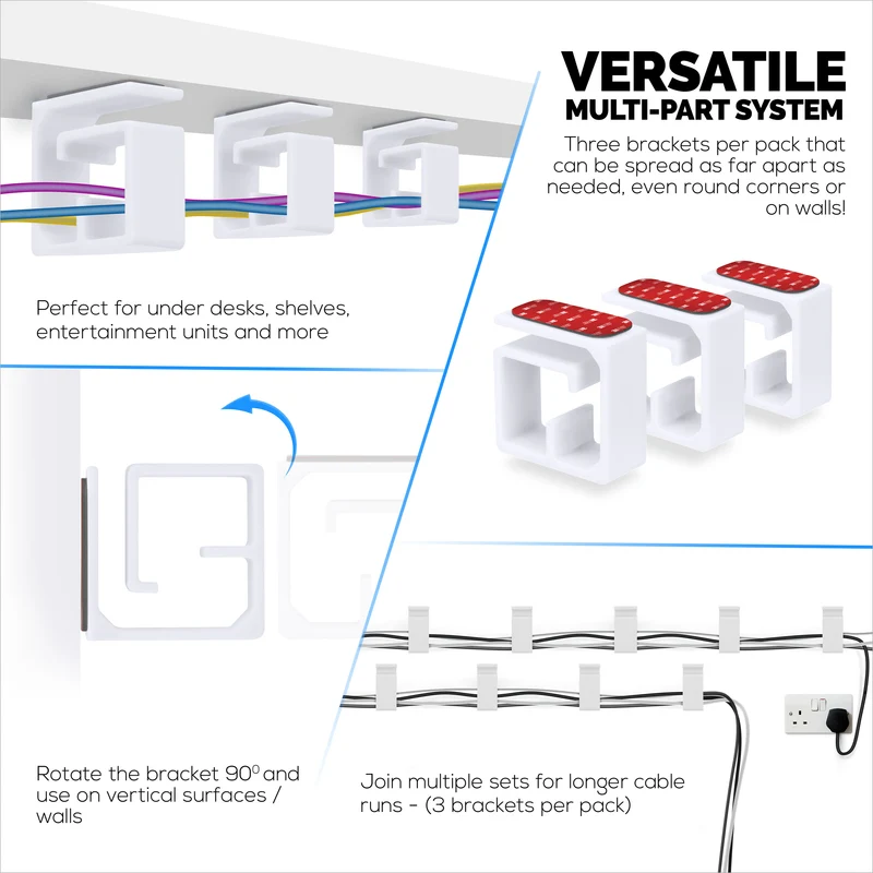 3pc VHB Cable Organizer Holder, Para sa Mabibigat na Cable, Mga PC Cord at Wire na may Malakas na Pandikit, Under Desk Mount Management System - Malaki