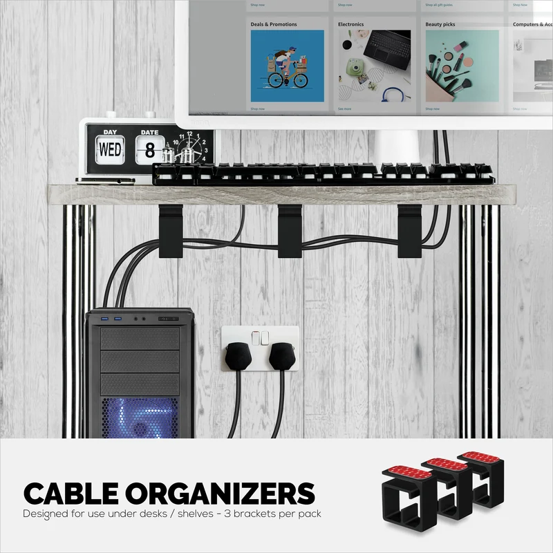 3pc VHB Cable Organizer Holder, Para sa Mabibigat na Cable, Mga PC Cord at Wire na may Malakas na Pandikit, Under Desk Mount Management System - Malaki