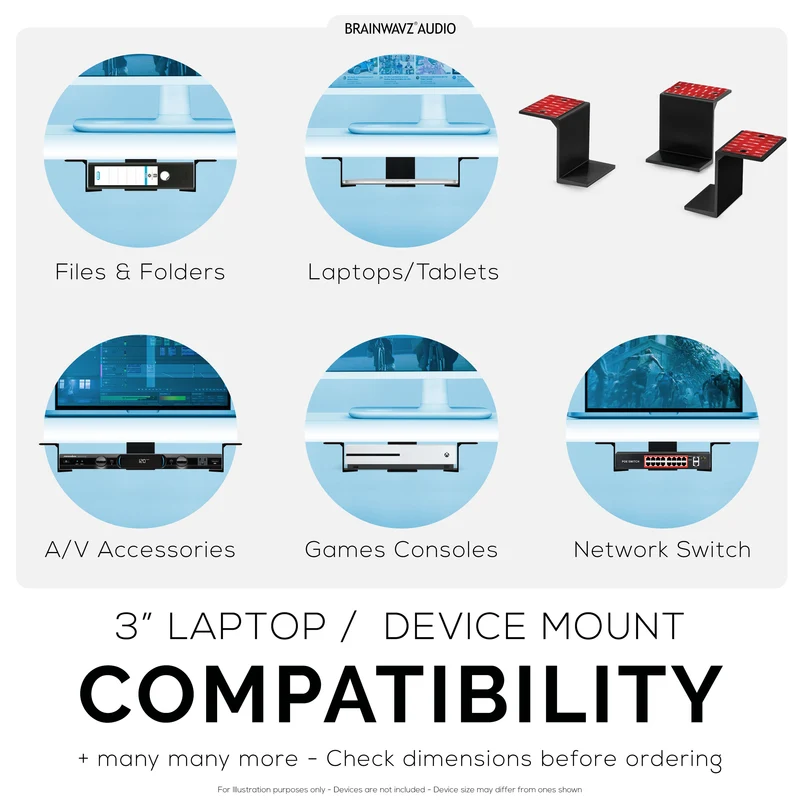 3" Pang-ilalim ng Mesa na Pang-mount ng Laptop at Device Holder, Pandikit at Pang-screw In, Mga Device na Hanggang 3" Tulad ng Maliliit na Computer, Mga Laptop, Macbook, Surface Keyboard, Mga Router, Mga Modem, Cable Box, Network Switch at Iba Pa