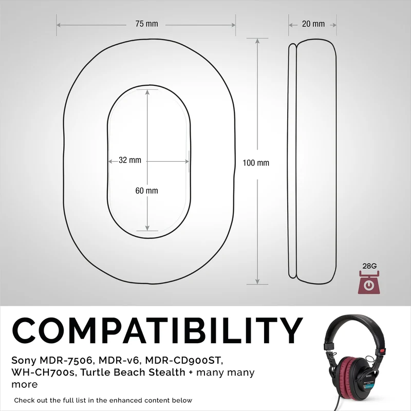 SONY MDR-7506 Replacement Premium Earpads - Angkop din para sa V6, CD900ST Headphones (PU)